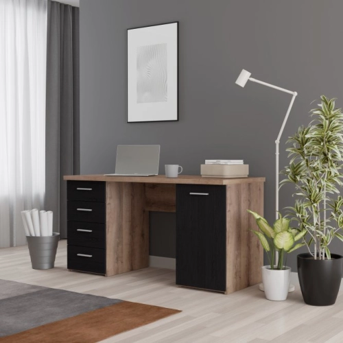 Biurko 145x60 cm z 4 szufladami i szafką Czarny/Dąb Szlachetny